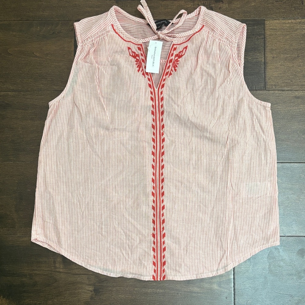NWT Banana Republic Factory Embroidered Tie Neck Striped Sleeveless Top